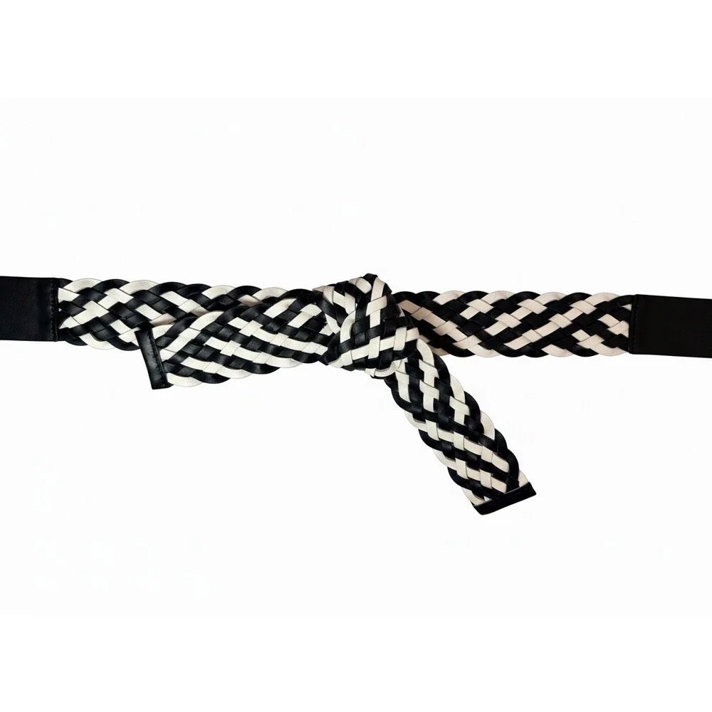 Worth New York Black Cream Woven Braided Leather Wrap Tie Belt Italy 42 Inch